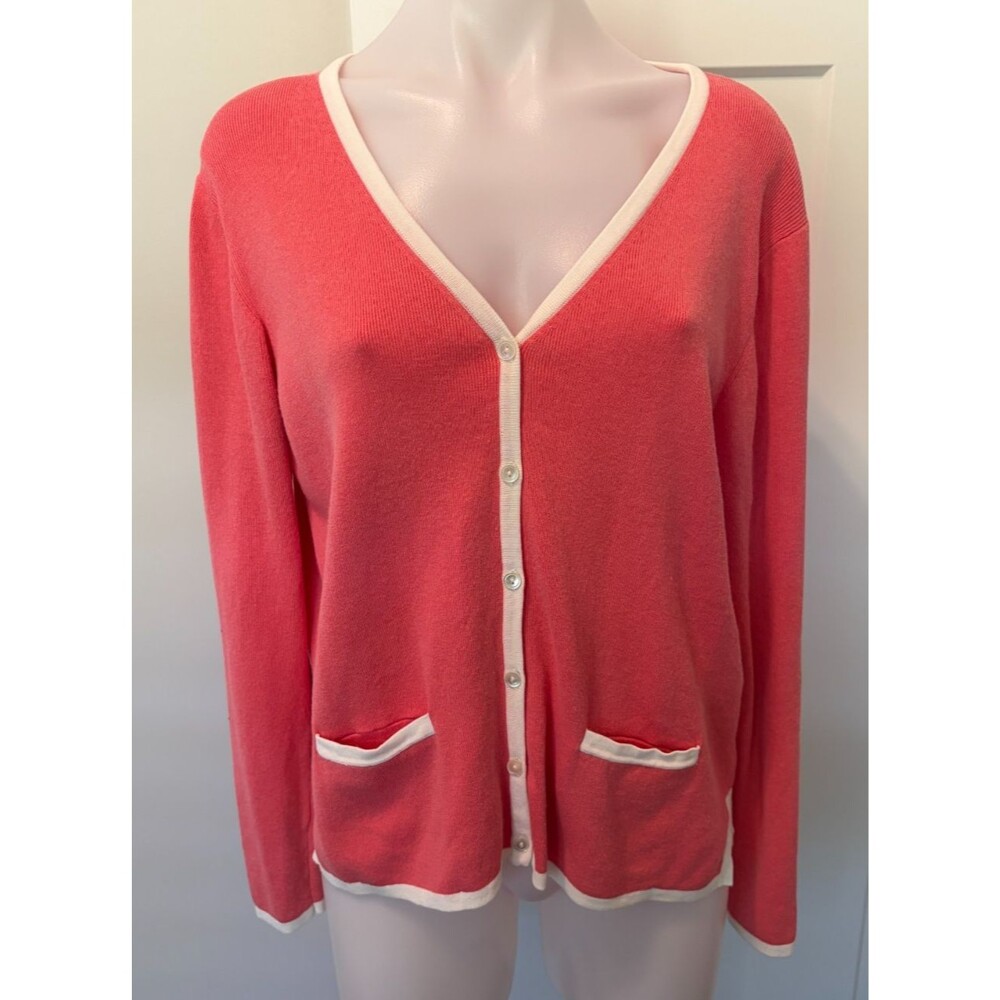 LL Bean Womens Cardigan Sweater Long Sleeve Salmon/Pink White V-Neck Size L